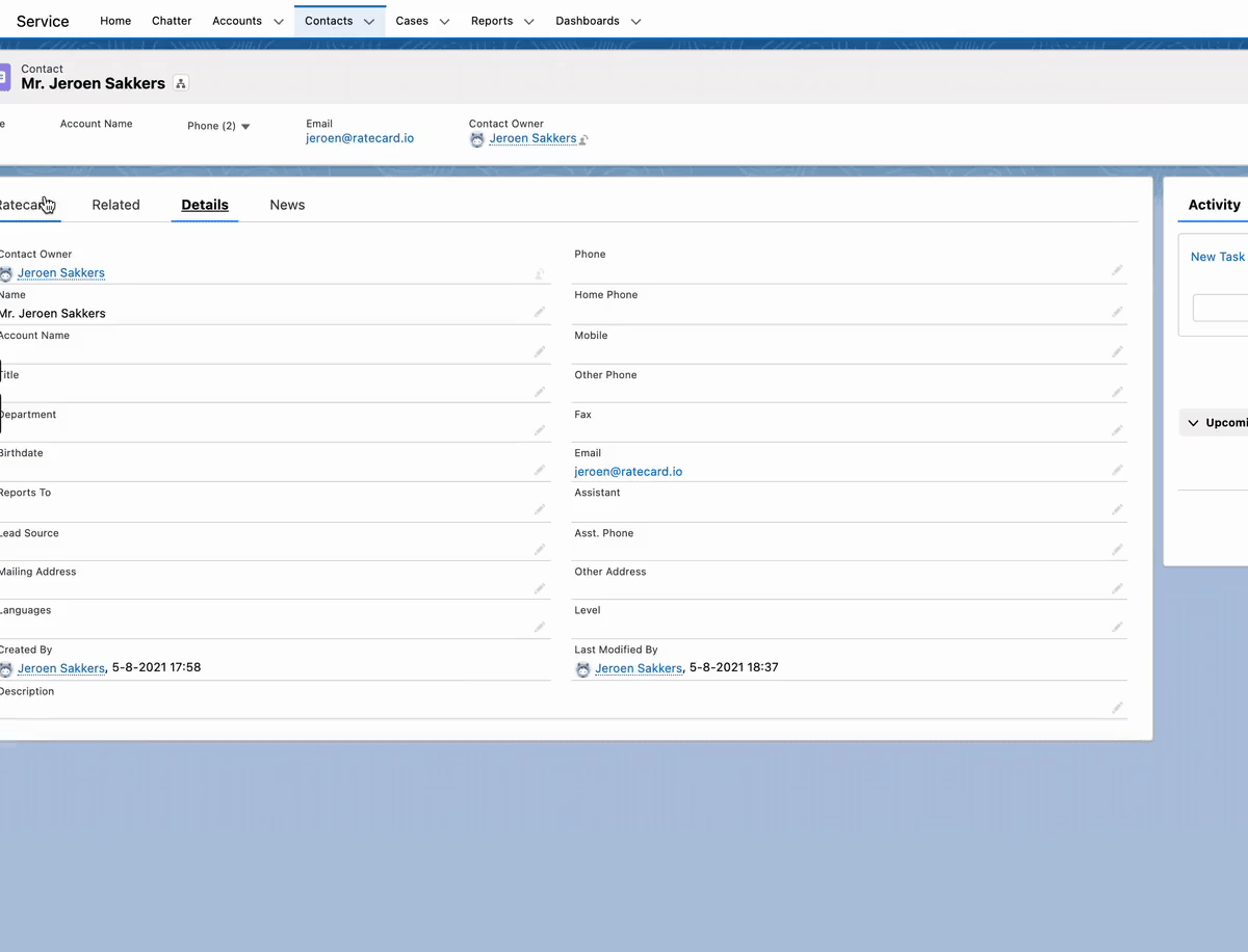 Experience tab in Salesforce with Ratecard